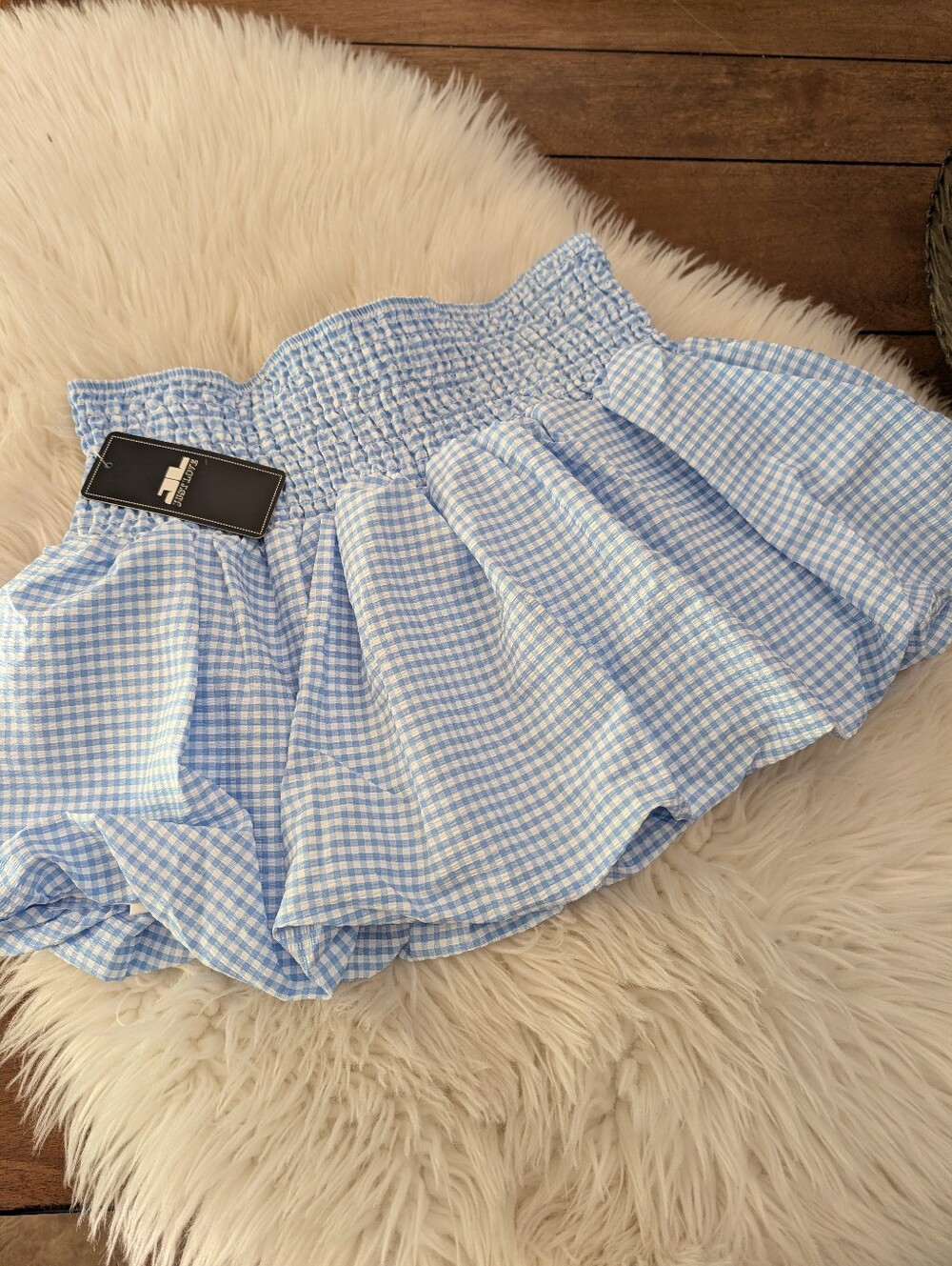 Blue Gingham Bubble Mini Skort With Elastic Waistband